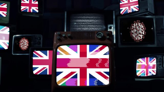 UK flag and Coronavirus on Retro TVs. Coronavirus Pandemic Outbreak Concept Video. 