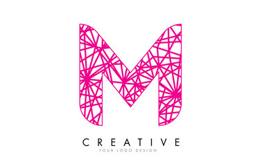 Sketched stylized Letter M with Pink Lines Pattern Design.