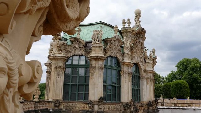 Details of the famous Zwinger palace (Der Dresdner Zwinger) Art Gallery of Dresden. Colorful spring scene in Dresden, Germany. 4k