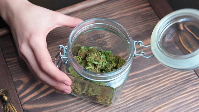 Woman open glass jar with cannabis buds and take one. Female hands holding a marijuana bud.