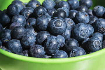 Ripe juicy blueberries in a green bowl under the rays of the bright sun. Fruits and berries, vegetarian and healthy eating. Super food. Ready to eat.