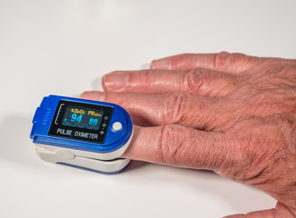 Pulse oximeter on finger is a good way to test blood oxygen level in case of virus infection of the...