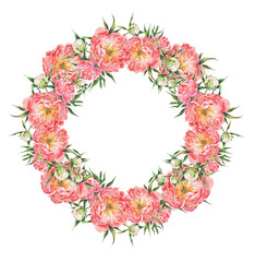 Beautiful flower frame with luxurious bouquets of peonies, roses hand-made watercolor illustration. flowers arranged in a wreath, flower business card. for wedding invitations and greeting cards