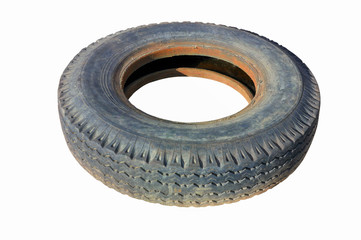 Old car tire from a truck isolate on a white background close-up.