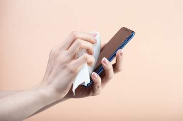 sterilization of a mobile phone from infections. Pandepia infection protection concept
