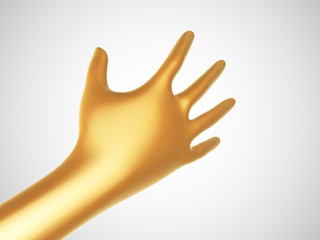 3D golden hand offering for handshake on white background. Concept of financial support, teamwork and business partnership. Vector illustration of shaking human hand made of gold.