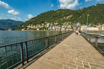 Como, ITALY - August 4, 2019: Marina in the Lake Como in the center of beautiful Italian Como city. Warm sunny summer day in very popular holiday destination