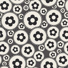 Black and white flowers in dots repeat pattern print background