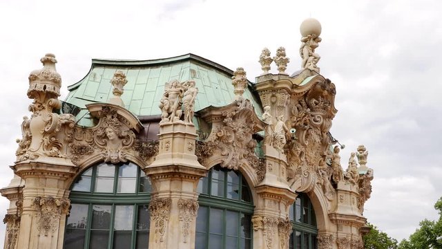 Details of the famous Zwinger palace (Der Dresdner Zwinger) Art Gallery of Dresden. Colorful spring scene in Dresden, Germany. 4k