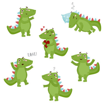 Set of cute dinosaur emotions isolated on white background. Kids illustration. Funny cartoon Dino collection.