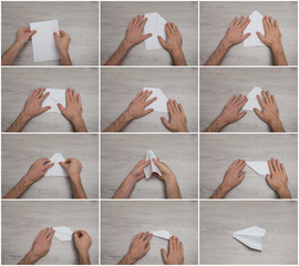 How to make origami paper airplane step by step photo instruction on wooden table with arms.