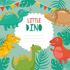 Little Dino. Cute childish card with dinosaurs, frame, garland and palm leaves. Baby Shower or Birthday template design. Childish frame template.