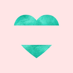 Watercolor emerald heart on pink background. Heart shape illustration can be used in greeting cards, posters, flyers, banners, logo, further design etc.