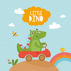 Little Dino Cute childish card with dinosaur, car and rainbow. Baby Shower template design. Dino driving a car. Child lovely illustration.