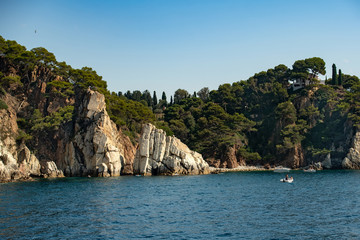 Fototapeta premium Beautiful rocky coast of a sea resort with rich green vegetation, view from the blue sea