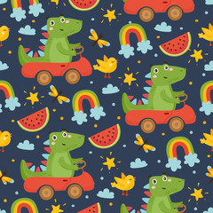 Cute childish seamless pattern. Dinosaur, watermelon, bird and rainbow. Baby Shower illustration. Dino driving a car. For fabric print, wrapping paper, etc.