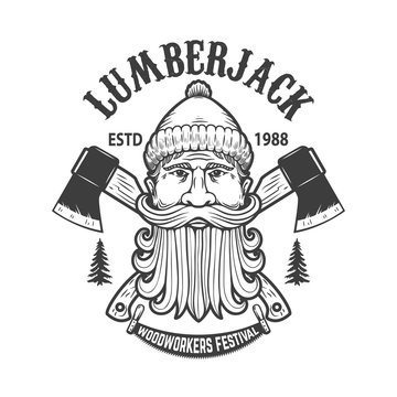 Lumberjack festival. Emblem template with lumberjack head and crossed axes. Design element for logo, label, sign, poster, banner, card.