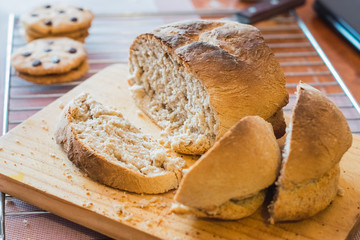 Homemade freshly baked bread. Beautiful brown color and texture. French recipe.