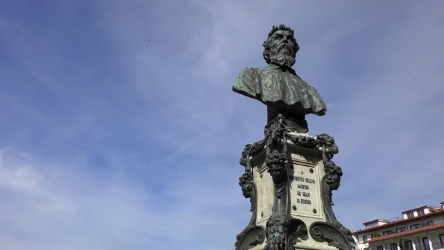 Bust of Benvenuto Cellini installed on the Ponte Vecchio bridge in the Italian city of Florence. Tuscany, Italy.