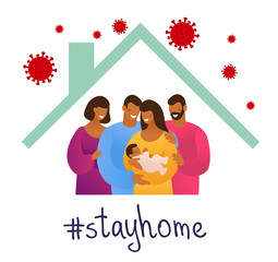 CoVID-19 Spread of the virus. New Coronavirus 2019-nCoV Positive quarantine self-isolation poster. A happy family is protected from the virus in their home. Flat vector illustration.