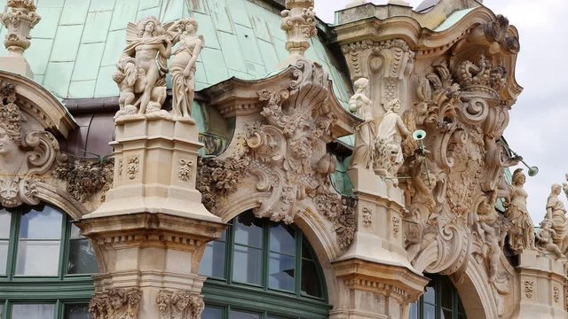 Details of the famous Zwinger palace (Der Dresdner Zwinger) Art Gallery of Dresden. Colorful spring scene in Dresden, Germany. 4k