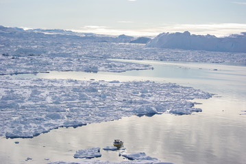 Fototapeta na wymiar Small boat sailing through pack ice, Greenland