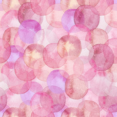 Seamless pattern of pink and blush translucent watercolor circles. Hand painted Spots on a white background. Round. Isolated. Blobs of different colors