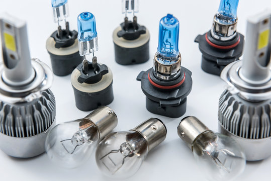 Diod and halogen light bulbs isolated on white