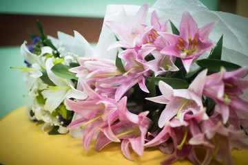 Beautiful bouquet decorated with pink and white lilies.
