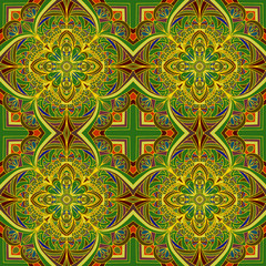 Ethnic floral ornament drawn in green and yellow colors, mandala, vector, seamless pattern