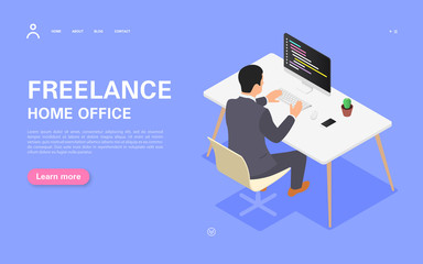 Remote work banner concept. A man works on a computer at his desk.