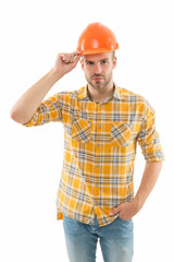 Worker safety and health. Worker isolated on white. Hard worker wear safety hat with confident look. Construction worker or builder. Constructing and building. Renovating and repairing