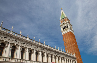 Fototapeta na wymiar Facade of the Biblioteca Marciana and Campanile on St. Mark's Square in Venice, Italy