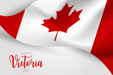 Victoria Day Canada Holiday banner background. Waving national white and red flag with maple leaf. Vector illustration with lettering.