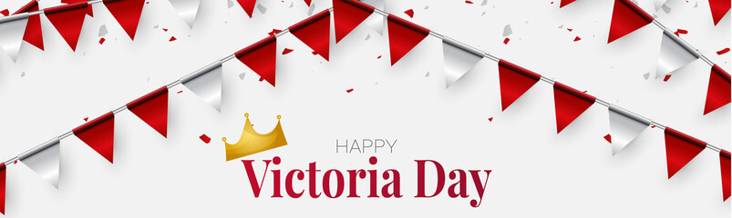 Victoria Day Canada Holiday banner or website header background. National white and red flag colors confetti and bunting with maple leaf and gold grown. Vector illustration with lettering.