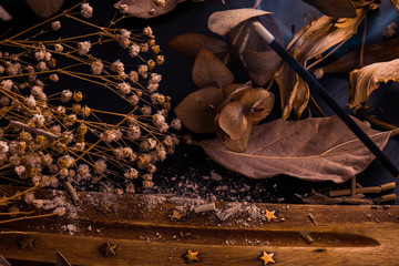 Stick holder and incense stick with leaves and flowers on black background
