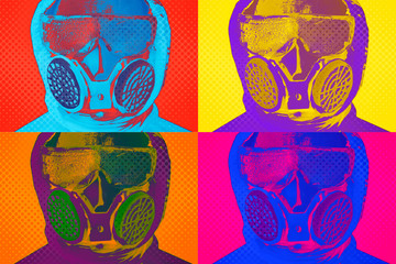 male doctor, disinfector in a protective respirator with filtering valves in pop art style, concept...