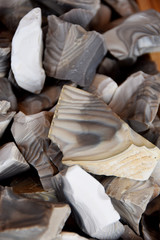 close-up of small stones with white and gray stripes