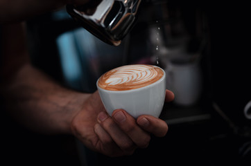 Close up of barista hands preparing cappuccino in cafe shop.