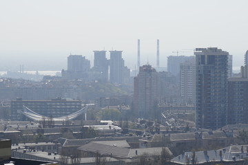 Europe, Kiev, Ukraine - April 2020: Smog enveloped the city. Due to forest fires in the Chernobyl zone.