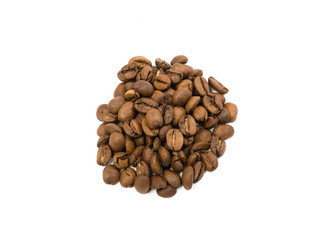 Coffee beans laid out on a white background surface