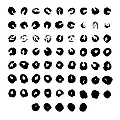 Abstract ink prints collection. Set of formless imprints, stains, splashes and spots. Black inky blots similar to viruses or bacteria. Pack of round shape silhouettes. EPS8 vector illustration.