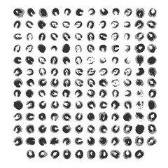 Abstract ink prints collection. Set of formless imprints, stains, splashes and spots. Black gray inky blots similar to viruses or bacteria. Pack of round shape silhouettes. EPS8 vector illustration.