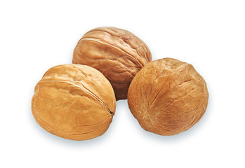 Three closed walnuts on a white background isolate