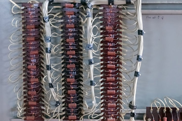 Electronic industry. Connection diagram of resistors in the control cabinet. Close-up.