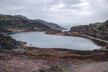 Lakes of the Kola Peninsula. The nature of the Arctic Circle. Teriberka Murmansk region.