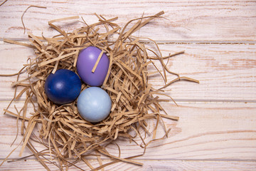 Easter light wooden background with colored eggs in a nest