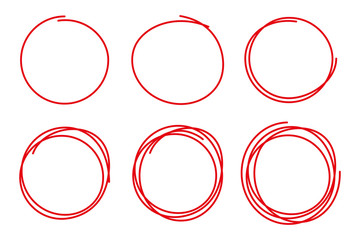 Collection with six hand drawn circle red color and of different design isolated on white background. Vector