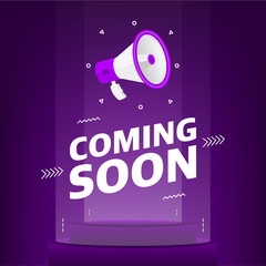 Megaphone with coming soon text in the air. Banner for business, marketing and advertising on purple background. Vector