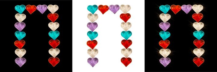 Isolated Font Russian Letter made of colorful glass hearts on white and black backgrounds and with...
